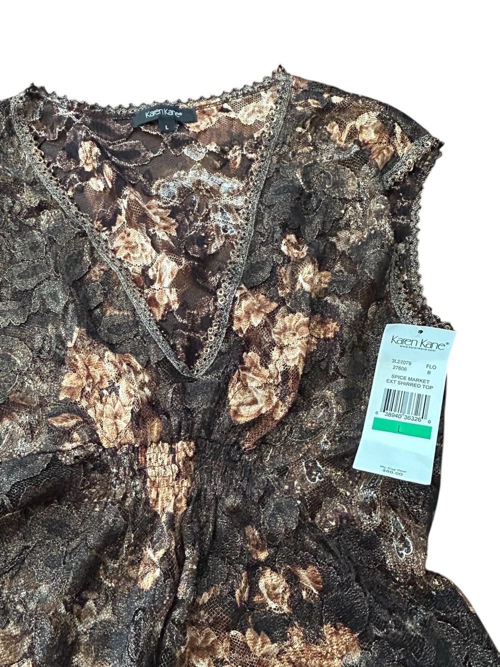 Karen Kane Brown Floral Lace-Trim V-Neck Spice Market Shirred Top SZ L Rare NWT - Picture 8 of 14
